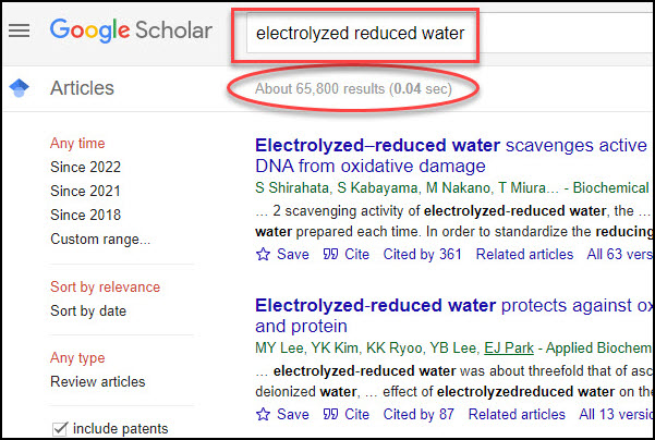 Electrolyzed Reduced Water - Google Scholar Query